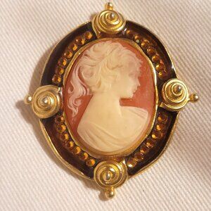 Cameo Brooch Carved Lady Ivory Color Amber Crystals Enamel Gold Plated Craft